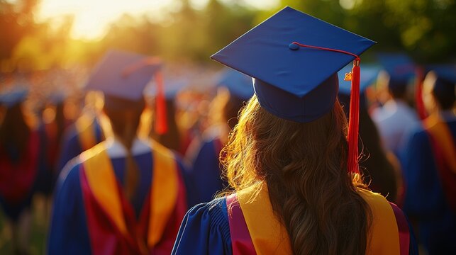 Graduation ceremony with students in caps and gowns walking across the stage to receive diplomas, bright celebratory atmosphere, vibrant colors.