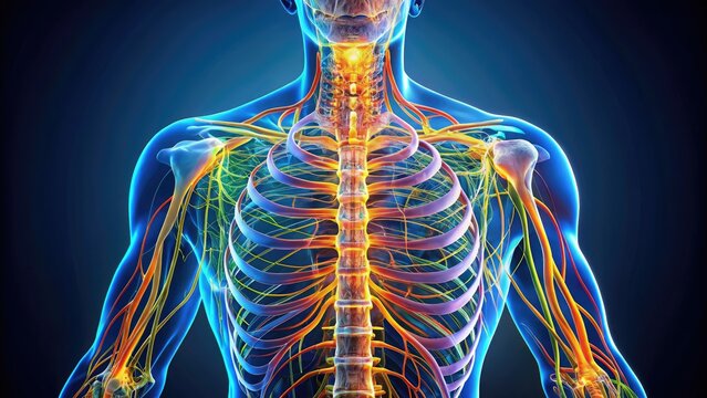 Illuminated 3D illustration of the human spine and spinal nerve roots, showcasing intricate anatomy and nerve pathways in vibrant colors and precise detail.