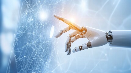 Obraz premium AI, Machine learning, Hands of robot and human touching on big data network connection background, Science and artificial intelligence technology, innovation and futuristic. generative ai