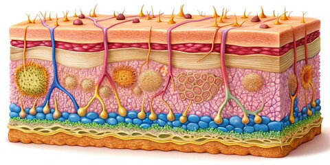Illustration of human skin's epidermal layers, showcasing stratum corneum, lucidum, granulosum, spinosum, and basale, with detailed cellular structures and skin texture.