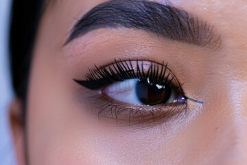 Obraz premium Close-up photograph of a left open eye, dark brown iris, natural black eyebrow, tan Malay skin, subtle eyeshadow, with generative ai