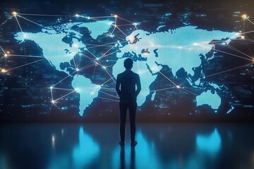 A person stands in front of a digital world map, representing global connectivity and technological advancement.