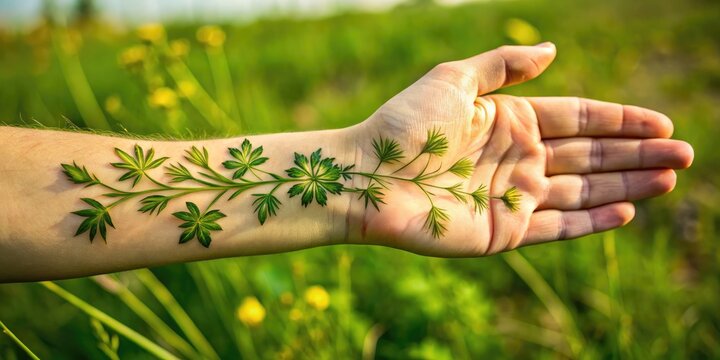 Intricate forearm tattoo of five-finger grass, also known as cinquefoil, with delicate stems and leaves, symbolizing protection, love, and spiritual growth, on a toned skin.