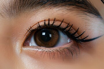 Obraz premium Close-up photograph of a left open eye, dark brown iris, natural black eyebrow, tan Malay skin, subtle eyeshadow, with generative ai