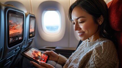 Passenger browsing the in-flight entertainment system, touchscreen controls on the seatback, soft lighting, clear focus on technology.