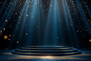 Dark blue stage with golden spotlight lines and glitter texture for award ceremony design. Realistic 3d abstract premium elegant glamour background.generative ai