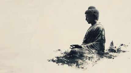 minimalism zen style of Ink painting in old Japanese style, sharp cut with fast stroke of Thai Buddha on paper
