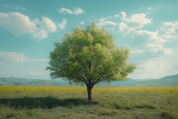 Lonely tree standing in green field is growing under blue sky