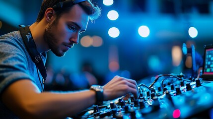Audiovisual technician setting up equipment for a school event, adjusting microphones and projectors, dynamic lighting, high detail on equipment.