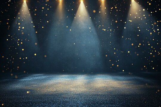 Dark blue stage with golden spotlight lines and glitter texture for award ceremony design. Realistic 3d abstract premium elegant glamour background.generative ai