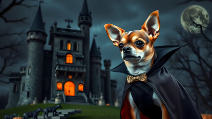 Chihuahua in a Dracula cape standing in front of a spooky castle, Dracula dog, spooky Halloween pet