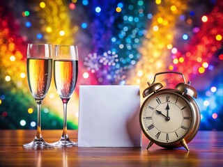 New Year Greeting Card with Writing Paper Decorated with Clock and Wine Glass, Celebrate New Year's Eve
