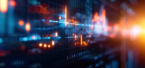 Obraz premium Close-up view of a financial graph, showcasing data analysis with vibrant colors representing market trends and fluctuations.