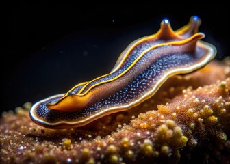 Macro close-up of a flatworm, also known as platyhelminthes, with its elongated body and tiny features illuminated against a dark background.