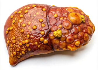 Macro image of an enlarged liver with visible yellowish discoloration and pronounced nodules, illustrating a diseased or cirrhotic liver condition, viewed from above.