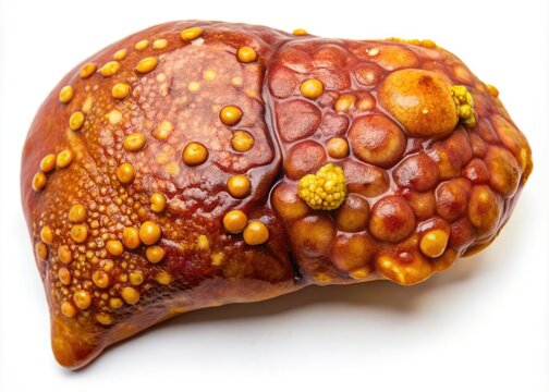 Macro image of an enlarged liver with visible yellowish discoloration and pronounced nodules, illustrating a diseased or cirrhotic liver condition, viewed from above.