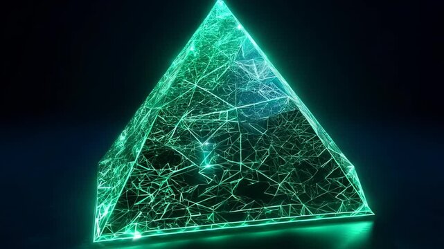 Ethereal void space. Rotating emerald green pyramid. Intricate tessellation patterns. Glowing network lines. Midnight blue background. Holographic illumination. Futuristic ambiance. Silent rotation. 