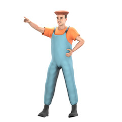 Male Painter Illustration in 3D. A male painter is standing with his left hand on his waist while his right hand is pointing to the right. Professional Art