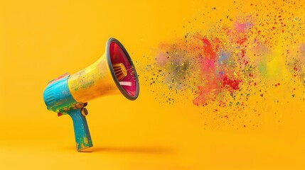 A colorful megaphone with splashes of paint coming out of the horn on a yellow background.