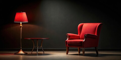 Red chair and table with lamp in tilted angle on black background