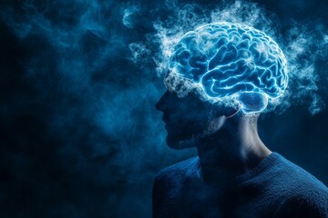 Fototapeta premium Neural computation thought amplification and cognitive fluctuation dark silhouette with glowing brain symbolizing mental illumination cognitive power and thought activation