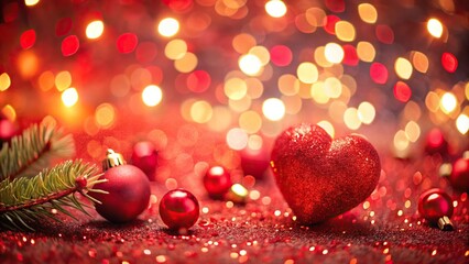 Red Christmas background with abstract Valentine themes vintage glitter bokeh and defocused holiday lights high angle