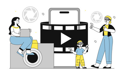 People with virtual reality. Women and boy with vr glasses. Modern technologies and innovations. Cyberspace and metaverse. Linear vector illustration