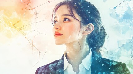 Woman Looking Up  Watercolor Portrait  Business  Technology  Innovation