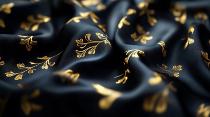 Elegant close-up of black silk fabric with intricate golden floral patterns, highlighting luxury and fine craftsmanship.