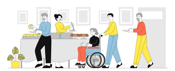 Volunteer help elderly woman. Man helps old woman in wheelchair. Activist with pensioner with disabilities. Assistance in catering. Linear vector illustration