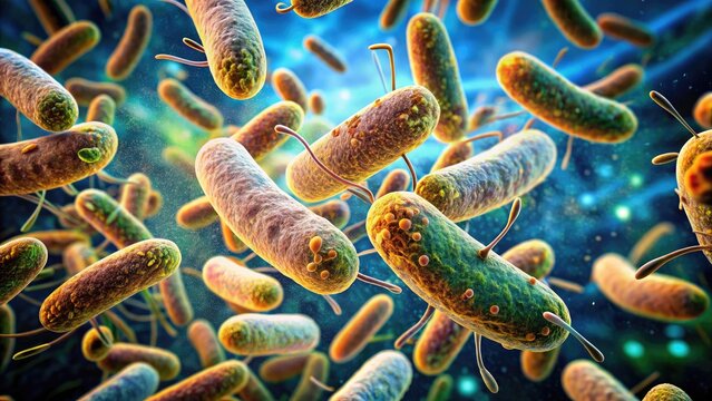Microscopic view of facultative anaerobe bacteria, exhibiting ability to thrive in both oxygen-rich and oxygen-limited environments, with distinctive cell morphology and flagella.