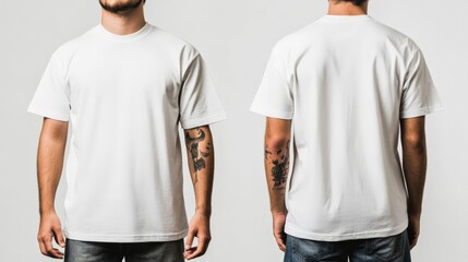 Front and back view of a person wearing a plain white T-shirt. Perfect for fashion, apparel design mockups, or promotional material.