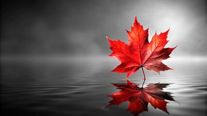 Red maple leaf reflected on black and white background