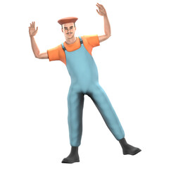 Artistic Professional Male. A male painter is standing with a happy expression and raising both his hands. 3D Painter Cartoon Model