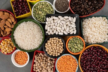 several pots with raw grains for preparing healthy food