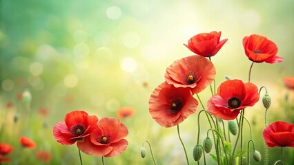 Obraz premium Red poppy flowers with blossom on a pale green backdrop