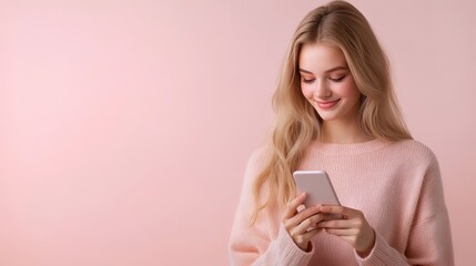 Beautiful Woman Using Smartphone on Pink Background