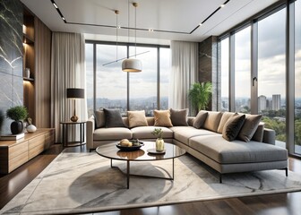 Modern living room with sleek sofa, marble coffee table, and floor-to-ceiling windows, showcasing a perfect blend of minimalist elegance and sophisticated urban chic.