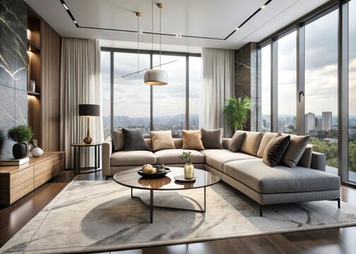Modern living room with sleek sofa, marble coffee table, and floor-to-ceiling windows, showcasing a perfect blend of minimalist elegance and sophisticated urban chic.