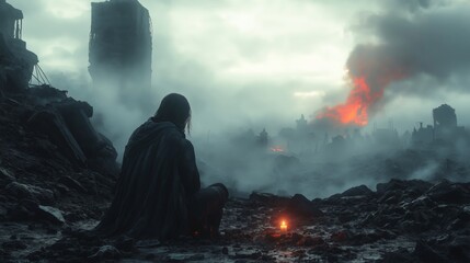 Person sitting alone in a post-apocalyptic landscape with ruins and destruction, foggy and eerie atmosphere, holding a small candle for light