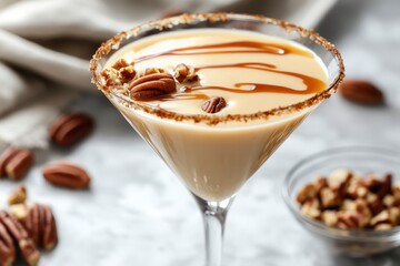 Create a image of a Butter Pecan Martini in a clear martini glass. The drink should have a creamy, light brown color with generative ai