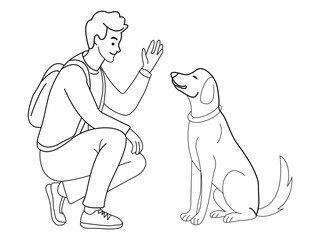  Man highfiving dog in line art drawing style pet and people friendship