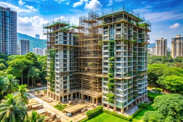 Modern under-construction residential building with scaffolding and machinery, set amidst green surroundings, symbolizing growth and development in Mira Road's thriving real estate market.