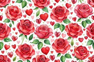 Red watercolor roses and hearts seamless pattern wide-angle
