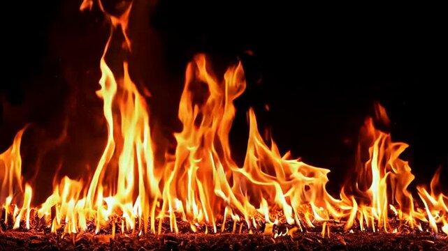 Inferno's Dance: A captivating close-up of vibrant, dancing flames against a pitch-black backdrop, capturing the raw power and mesmerizing allure of fire. 