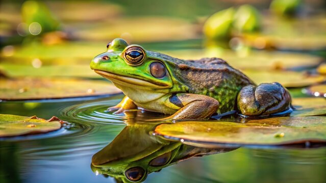 Reflected bullfrog resting on lily pad in pond at Steigerwald National Wildlife Refuge