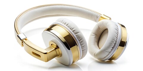 Naklejka premium Reflected closeup of golden white headsets on white background
