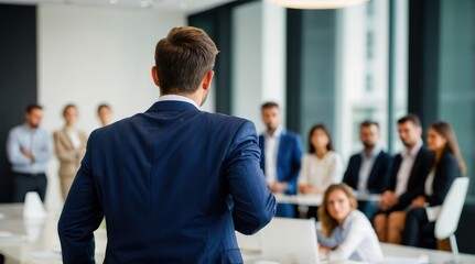 Confident businessman giving a presentation in front of crowd in meeting conference seminar room. Leadership authority teamwork in business concept