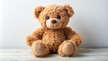 Obraz premium Soft, cuddly teddy bear sits upright, its plush texture inviting snuggles. Soulful eyes gaze curiously into the