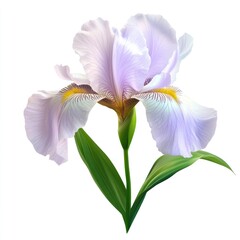 A delicate, pastel-colored iris flower with green leaves.